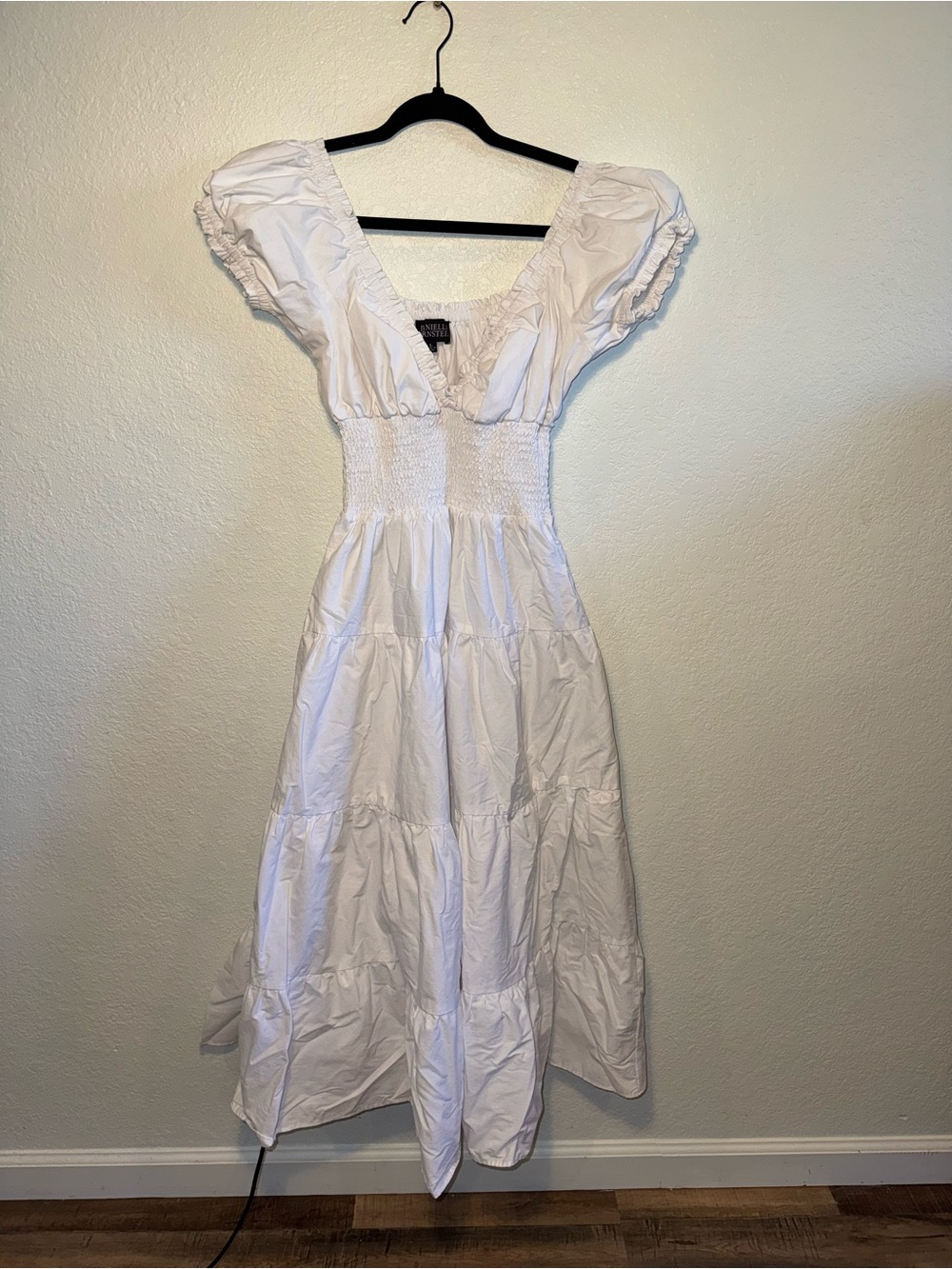 Danielle Bernstein White Tiered Poplin Smocked Bodice Puff Sleeve Midi Dress L - Picture 4 of 13